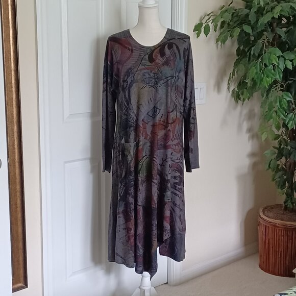 Inoah Dresses & Skirts - NEW!  Inoah "Earth" Gray Asymmetrical Hem Abstract Print Dress Size XL